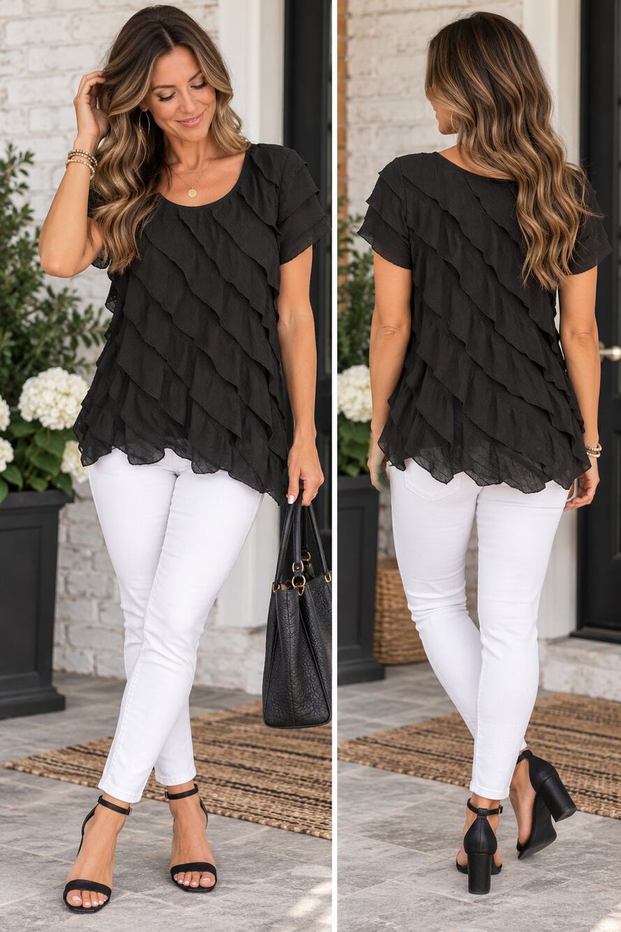 Elementz Black Layered Ruffle Top Short Sleeve Textured Boho M/L